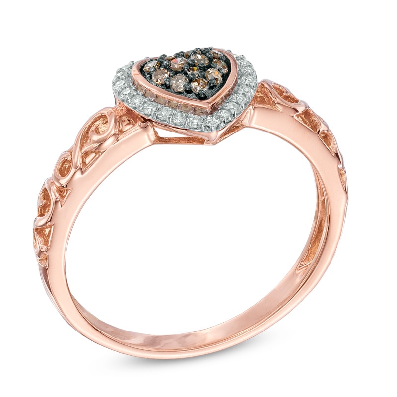 1/5 CT. T.W. Champagne and White Diamond Heart Cluster Frame Promise Ring in 10K Rose Gold