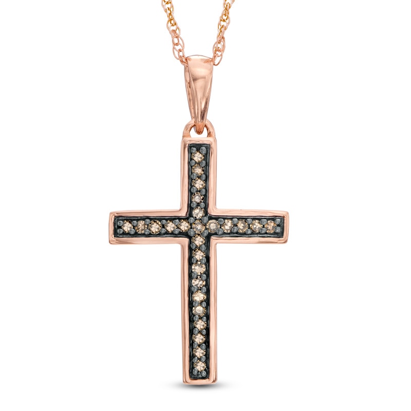 Main Image 1 of 1/10 CT. T.W. Champagne Diamond Cross Pendant in 10K Rose Gold