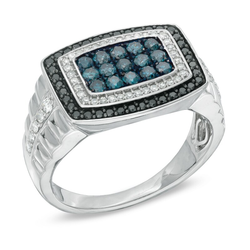 Main Image 2 of 1 CT. T.W. Enhanced Black, Blue and White Diamond Ring in Sterling Silver