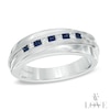 Thumbnail Image 0 of Vera Wang Love Collection Men's Square-Cut Blue Sapphire and 1/6 CT. T.W. Diamond Slant Band in 14K White Gold