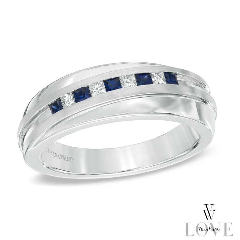 Vera Wang Love Collection Men's Square-Cut Blue Sapphire and 1/6 CT. T.W. Diamond Slant Band in 14K White Gold