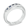 Thumbnail Image 1 of Vera Wang Love Collection Men's Square-Cut Blue Sapphire and 1/6 CT. T.W. Diamond Slant Band in 14K White Gold