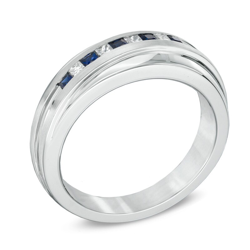 Vera Wang Love Collection Men's Square-Cut Blue Sapphire and 1/6 CT. T.W. Diamond Slant Band in 14K White Gold