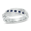 Thumbnail Image 0 of Vera Wang Love Collection Men's Square-Cut Blue Sapphire and 1/6 CT. T.W. Diamond Slant Band in 14K White Gold