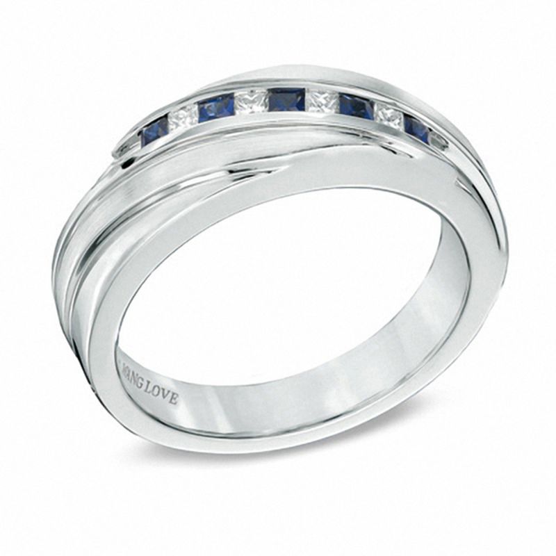 Vera Wang Love Collection Men's Square-Cut Blue Sapphire and 1/6 CT. T.W. Diamond Slant Band in 14K White Gold
