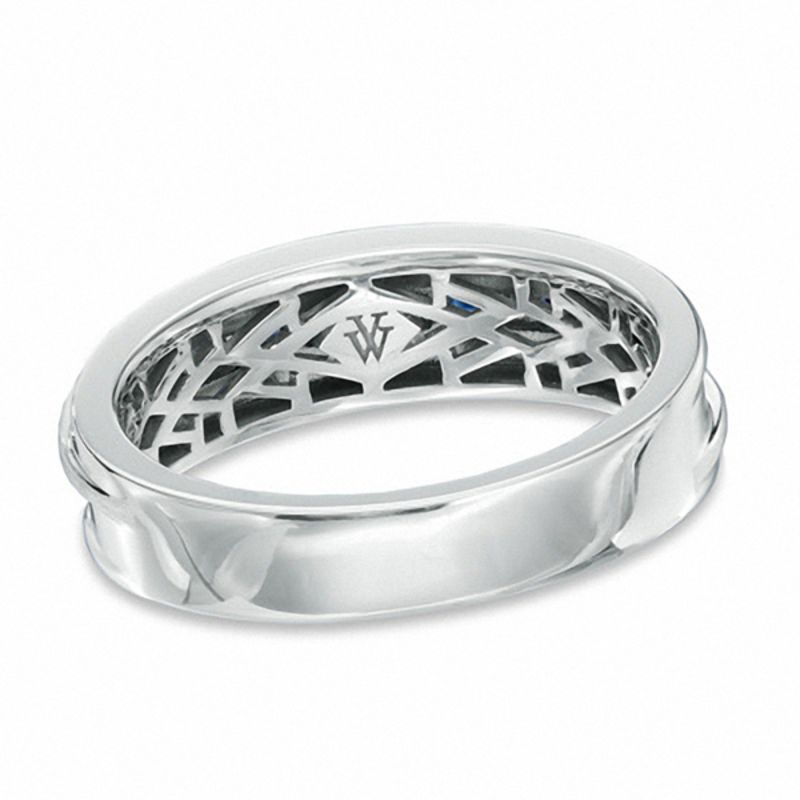 Vera Wang Love Collection Men's Square-Cut Blue Sapphire and 1/6 CT. T.W. Diamond Slant Band in 14K White Gold