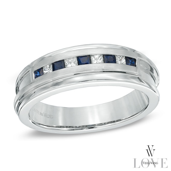 Vera Wang Men's Square-Cut Blue Sapphire and 1/5 CT. T.w. Diamond Band in 14K White Gold