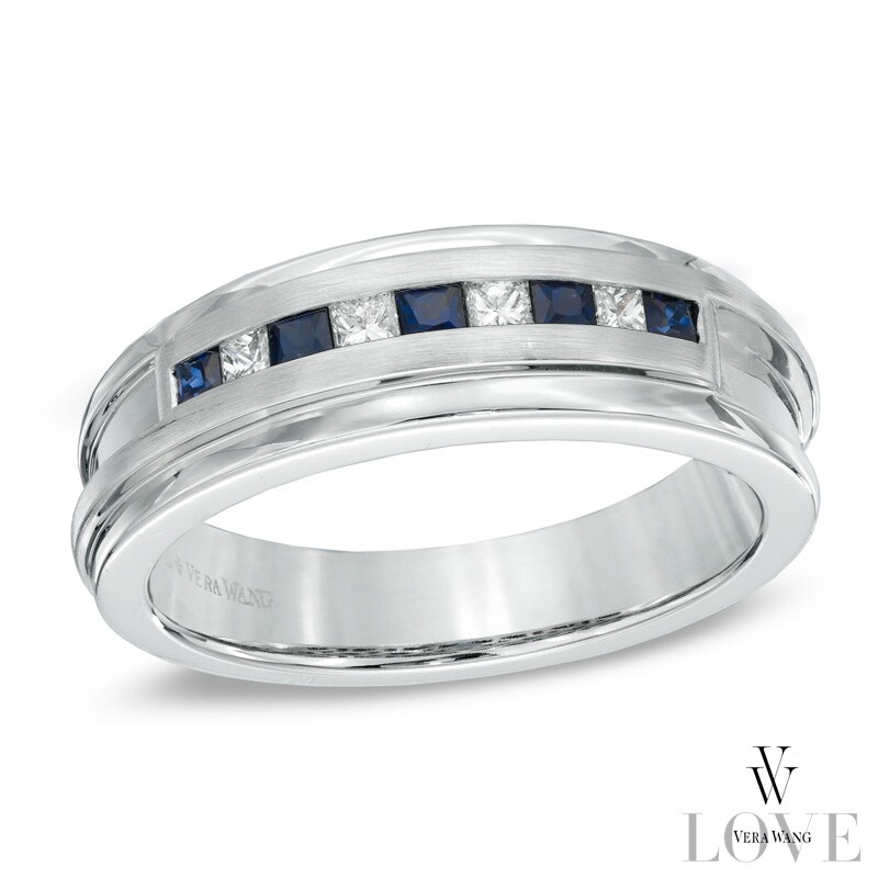 Main Image 1 of Vera Wang Men's Square-Cut Blue Sapphire and 1/5 CT. T.W. Diamond Band in 14K White Gold