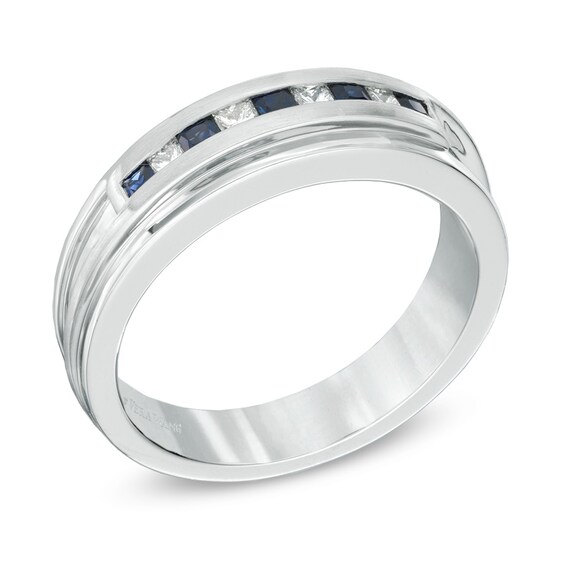 Vera Wang Love Collection Men's Square-Cut Blue Sapphire and 1/5 CT. T.w. Diamond Band in 14K White Gold