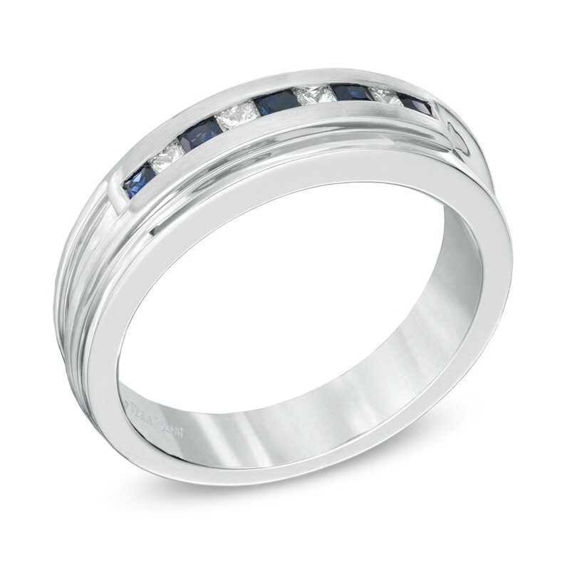 Main Image 2 of Vera Wang Men's Square-Cut Blue Sapphire and 1/5 CT. T.W. Diamond Band in 14K White Gold