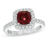 Thumbnail Image 1 of 7.0mm Cushion-Cut Garnet and Lab-Created White Sapphire Frame Ring in Sterling Silver