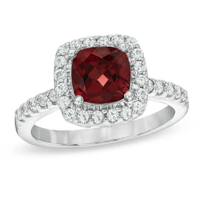 Main Image 1 of 7.0mm Cushion-Cut Garnet and Lab-Created White Sapphire Frame Ring in Sterling Silver