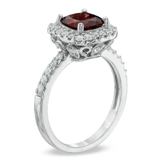 7.0mm Cushion-Cut Garnet and Lab-Created White Sapphire Frame Ring in Sterling Silver