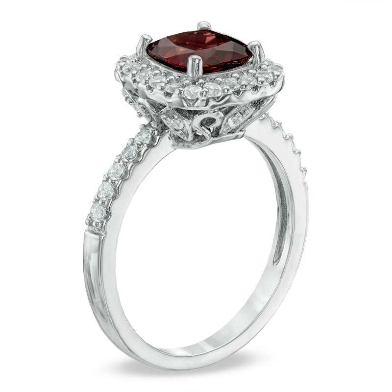Main Image 2 of 7.0mm Cushion-Cut Garnet and Lab-Created White Sapphire Frame Ring in Sterling Silver
