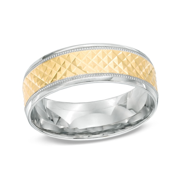Men's 7.0mm Comfort Fit Criss-Cross Wedding Band in 10K Two-Tone Gold