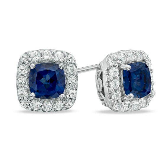 5.0mm Cushion-Cut Lab-Created White Sapphire Frame Stud Earrings in Sterling Silver