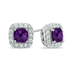 View All Earrings Zales 5 0mm Cushion Cut Amethyst And Lab Created White Shire Frame Stud Earrings In