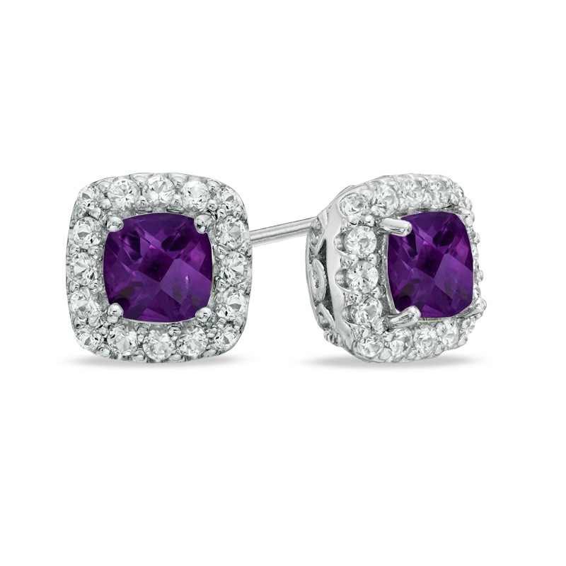 Main Image 1 of 5.0mm Cushion-Cut Amethyst and Lab-Created White Sapphire Frame Stud Earrings in Sterling Silver