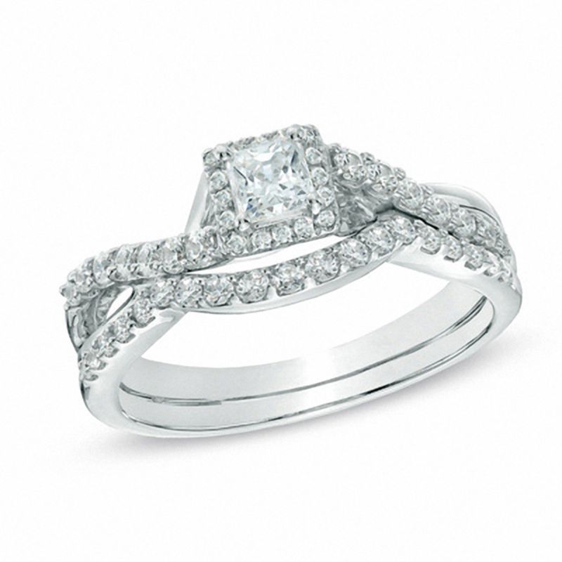 Main Image 1 of 3/4 CT. T.W. Princess-Cut Diamond Frame Twist Shank Bridal Set in 10K White Gold