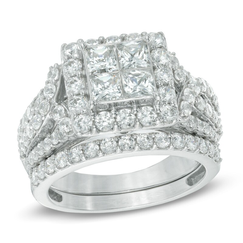 Main Image 1 of 2-3/4 CT. T.W. Princess-Cut Quad Diamond Frame Bridal Set in 14K White Gold