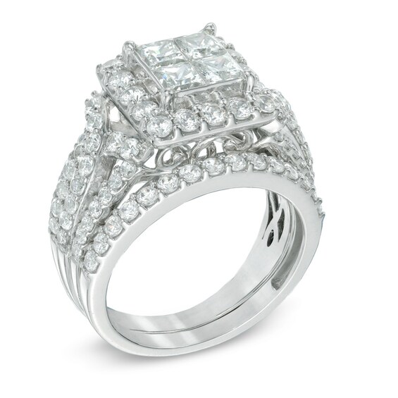 2-3/4 CT. T.w. Princess-Cut Quad Diamond Frame Bridal Set in 14K White Gold