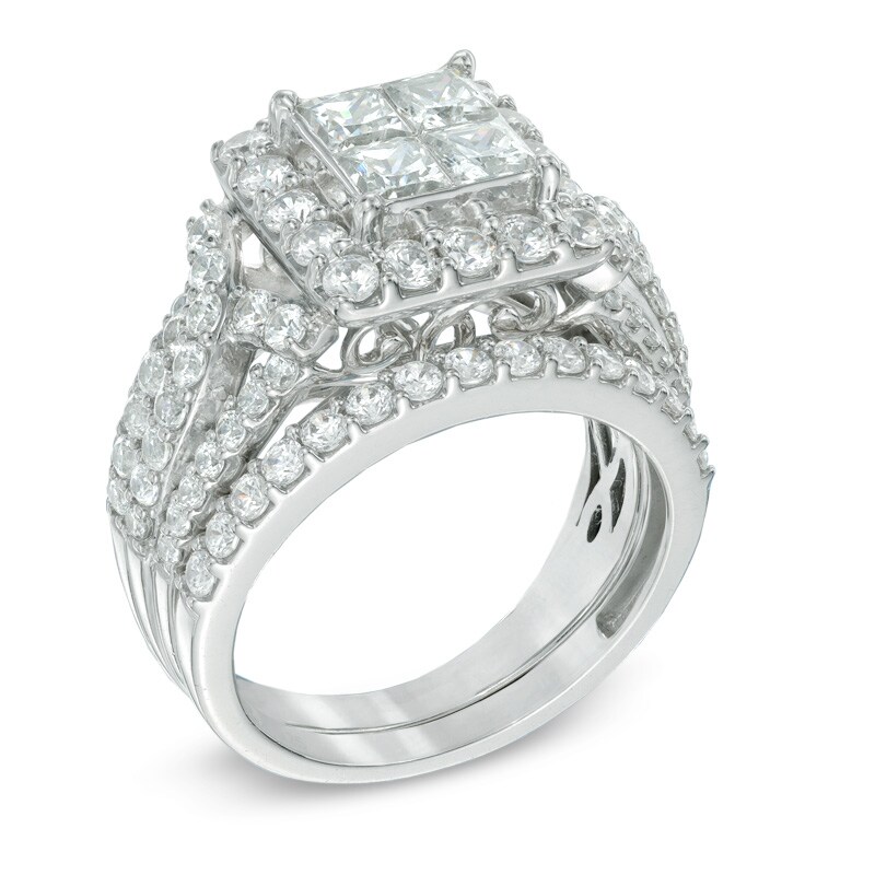 Main Image 2 of 2-3/4 CT. T.W. Princess-Cut Quad Diamond Frame Bridal Set in 14K White Gold