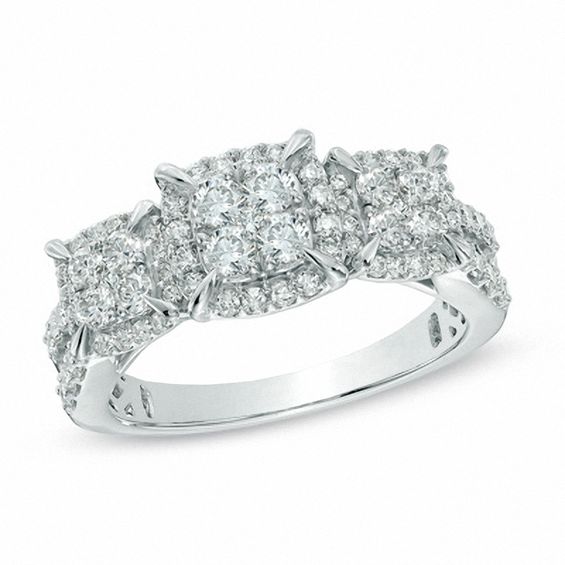1 CT. T.w. Quad Diamond Frame Three Stone Engagement Ring in 10K White Gold