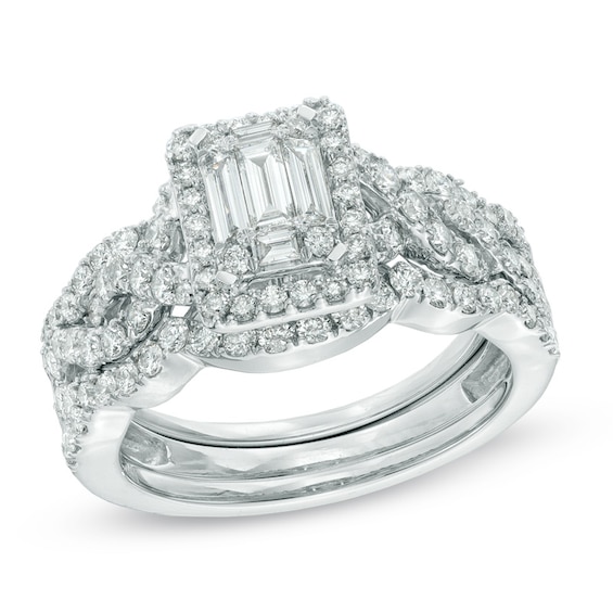 1-1/2 CT. T.w. Multi-Baguette Diamond Frame Three Piece Bridal Set in 14K White Gold