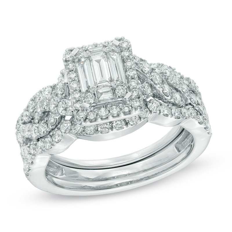 Main Image 1 of 1-1/2 CT. T.W. Multi-Baguette Diamond Frame Three Piece Bridal Set in 14K White Gold