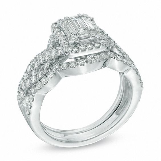 1-1/2 CT. T.w. Multi-Baguette Diamond Frame Three Piece Bridal Set in 14K White Gold