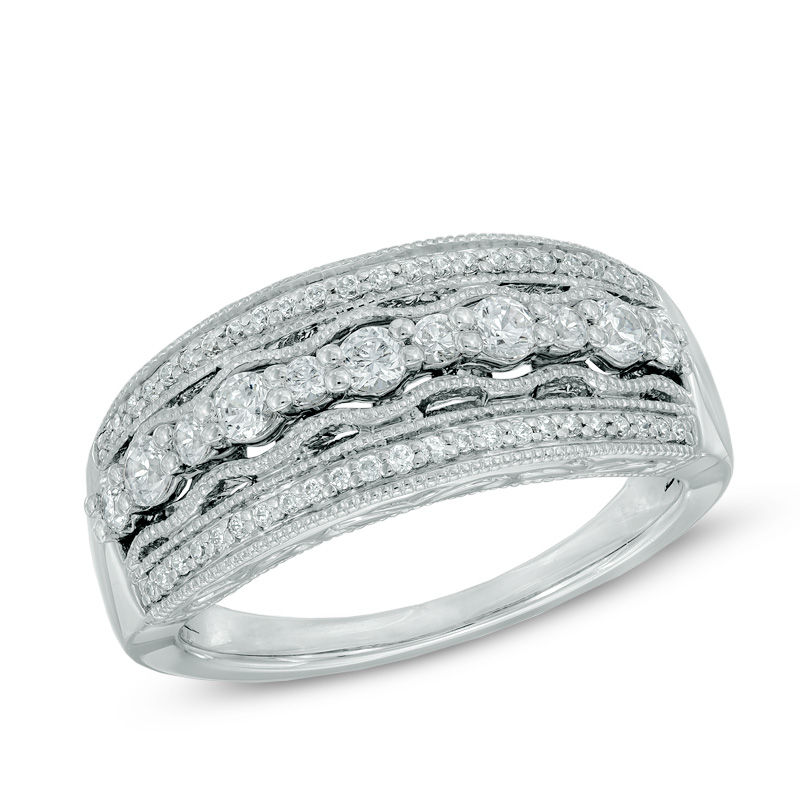 Main Image 1 of 1/2 CT. T.W. Diamond Vintage-Style Scallop Band in 10K White Gold