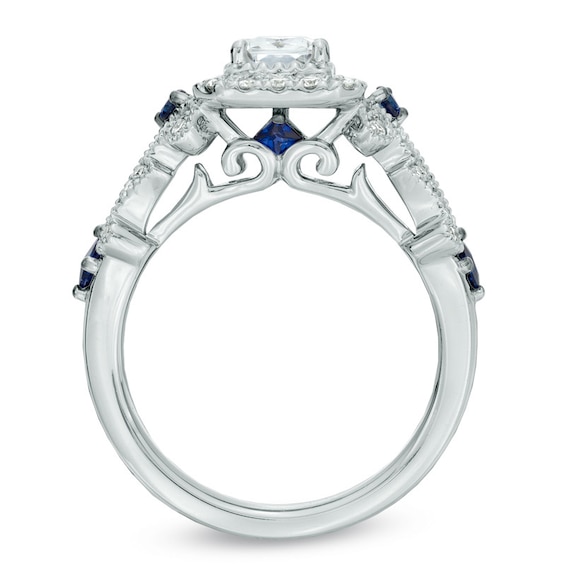 Vera Wang Love Collection 1-1/8 CT. T.w. Emerald-Cut Diamond and Blue Sapphire Scroll Ring in 14K White Gold