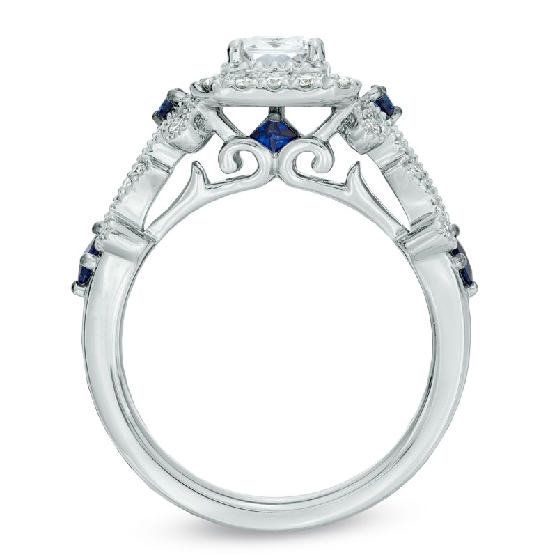 Main Image 3 of Vera Wang Love Collection 1-1/8 CT. T.W. Emerald-Cut Diamond and Blue Sapphire Scroll Ring in 14K White Gold