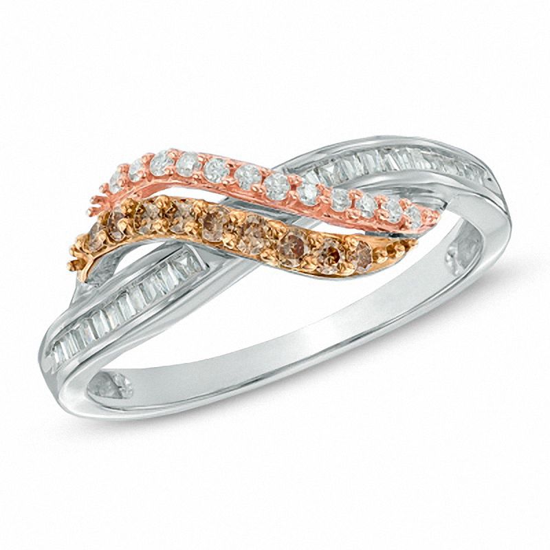 Main Image 1 of 1/3 CT. T.W. Champagne and White Diamond Bypass Waves Ring in 10K Two-Tone Gold