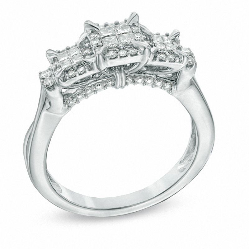 Main Image 2 of 1/2 CT. T.W. Princess-Cut Quad Diamond Frame Three Stone Engagement Ring in 10K White Gold