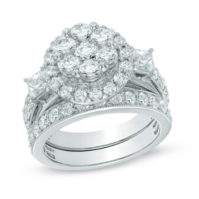 3 CT. T.W. Diamond Cluster Frame Bridal Set in 14K White Gold