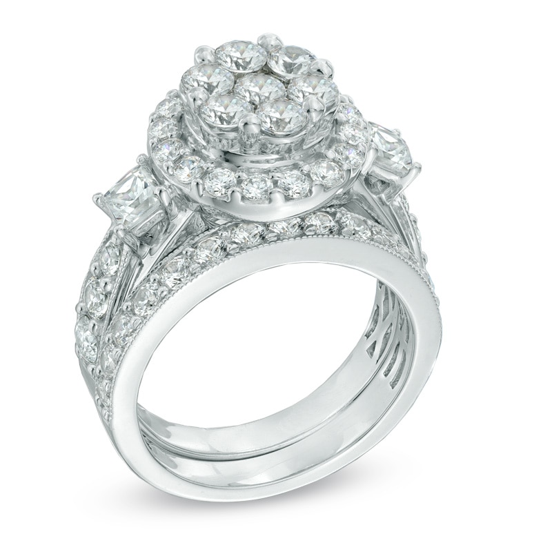 3 CT. T.W. Diamond Cluster Frame Bridal Set in 14K White Gold