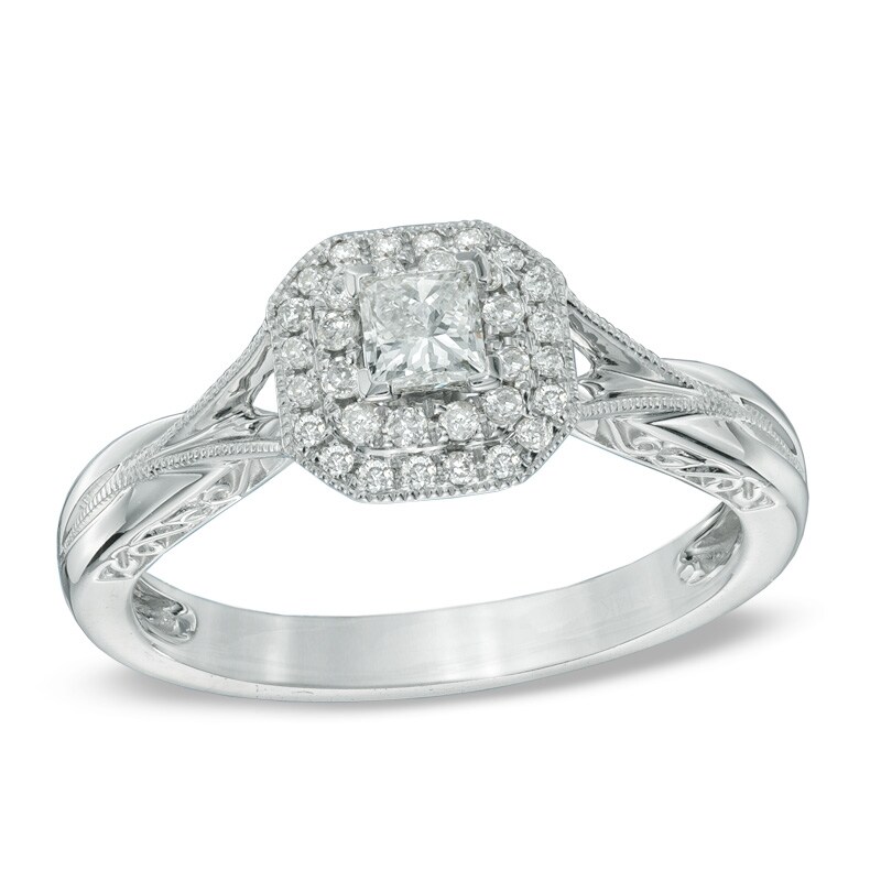 Main Image 1 of 1/3 CT. T.W. Princess-Cut Diamond Frame Vintage-Style Engagement Ring in 10K White Gold