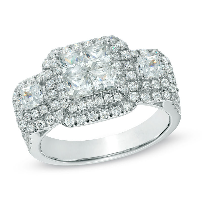 Main Image 1 of 2 CT. T.W. Princess-Cut Quad Diamond Frame Three Stone Engagement Ring in 14K White Gold
