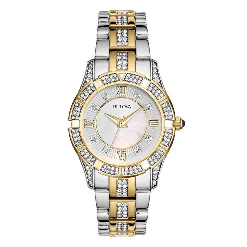 Ladies' Bulova Crystal Accent Two-Tone Watch with Mother-of-Pearl (Model: 98L135)