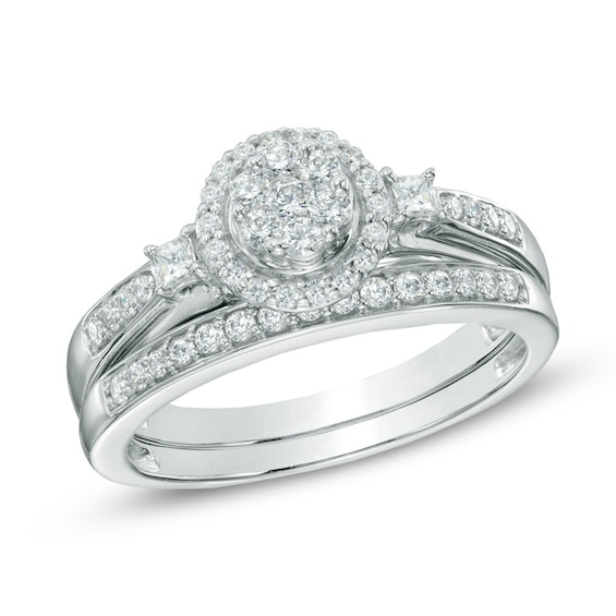 1/2 CT. T.w. Diamond Cluster Bridal Set in 10K White Gold