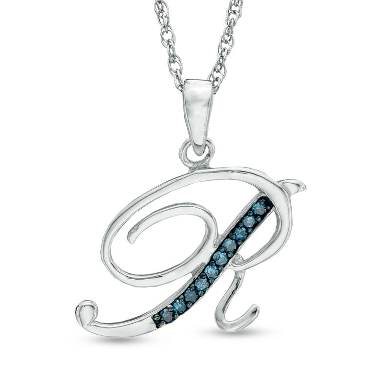Zales Enhanced Blue Diamond Accent R Initial Pendant in Sterling Silver