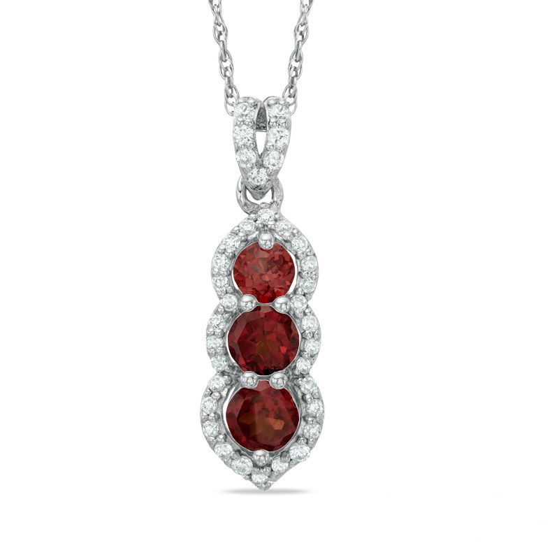 Garnet and 1/5 CT. T.W. Diamond Past Present Future® Linear Pendant in 10K White Gold