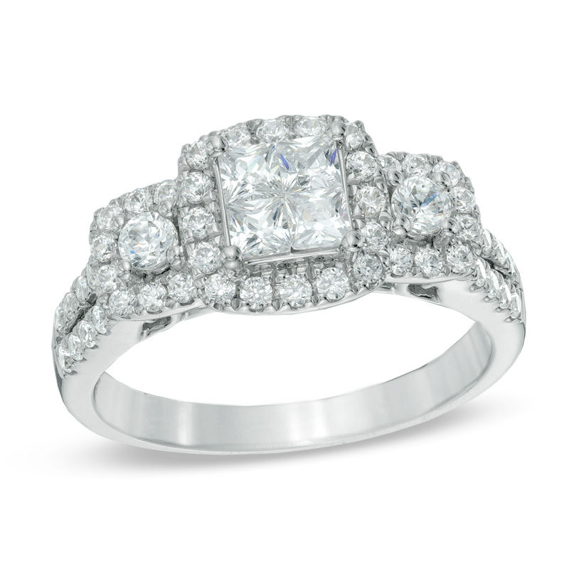 1 CT. T.W. Princess-Cut Quad Diamond Frame Three Stone Engagement Ring in 14K White Gold