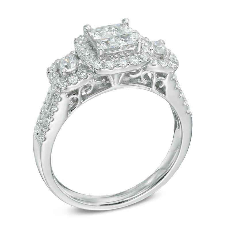 Main Image 2 of 1 CT. T.W. Princess-Cut Quad Diamond Frame Three Stone Engagement Ring in 14K White Gold