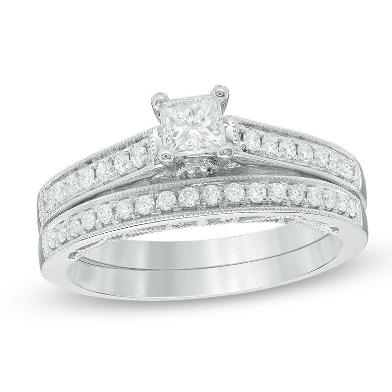 Main Image 1 of 5/8 CT. T.W. Princess-Cut Diamond Bridal Set in 14K White Gold