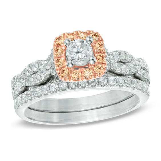 7/8 CT. T.w. Champagne and White Diamond Frame Bridal Set in 14K Two-Tone Gold