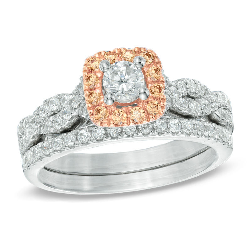 Main Image 1 of 7/8 CT. T.W. Champagne and White Diamond Frame Bridal Set in 14K Two-Tone Gold