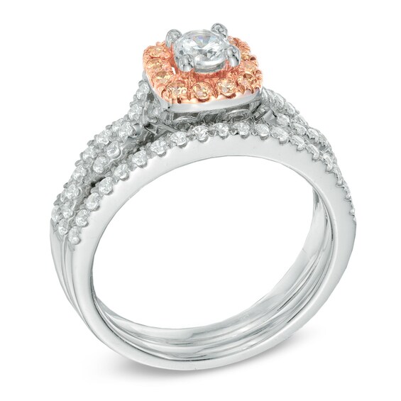 7/8 CT. T.w. Champagne and White Diamond Frame Bridal Set in 14K Two-Tone Gold