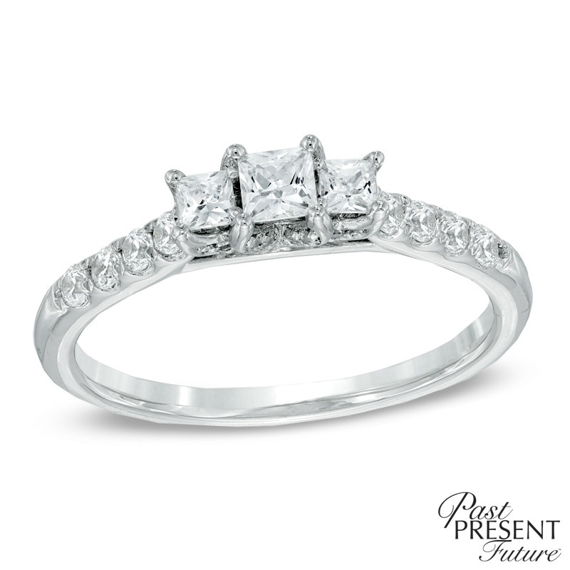 Main Image 1 of 1/2 CT. T.W. Princess-Cut Diamond Past Present Future® Ring in 14K White Gold